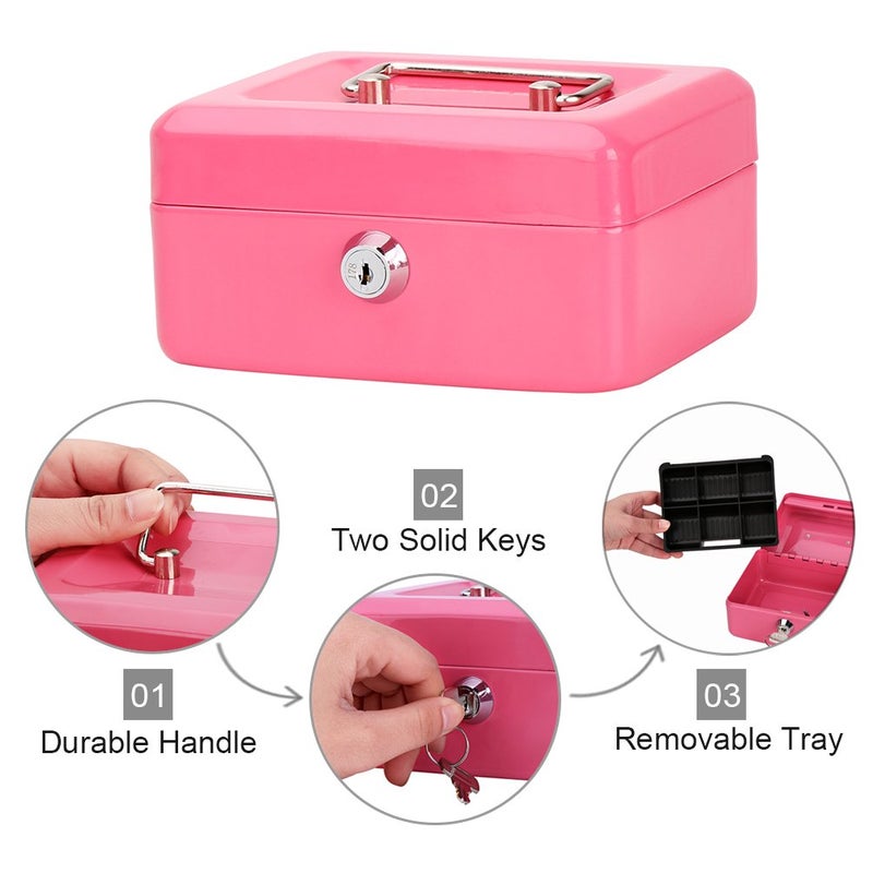 Decaller Small Cash Box with Key Lock, Decaller Portable Metal Money Box with Double Layer & 2 Keys for Security, Pink, 6" x 4 4/5" x 3 1/5", QH1506XS - Image 4